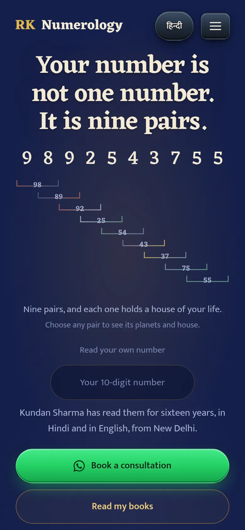 The rknumerology.com home page on a phone, a site built by Delhi Web Studio
